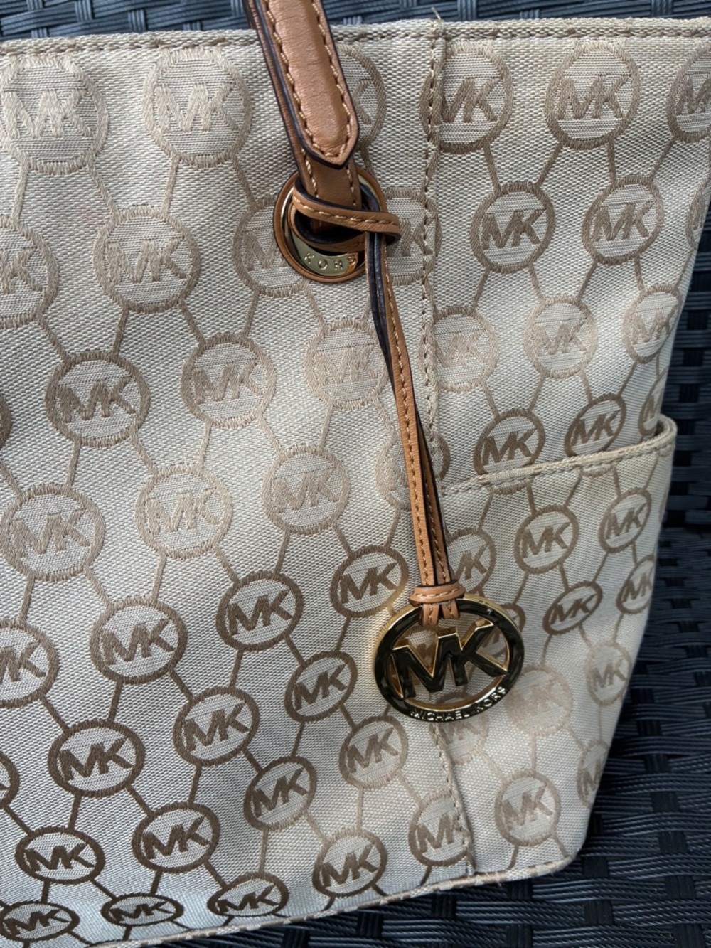 Michael Kors Tan Beige MK Logo Canvas Tote with Leather Straps - Picture 13 of 16